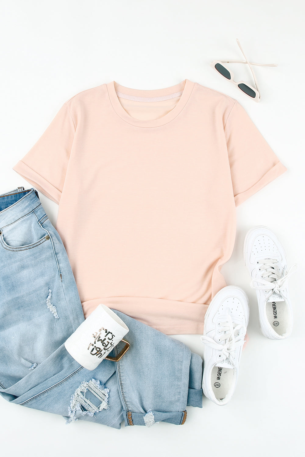 Pink Solid Color Crew Neck Tee