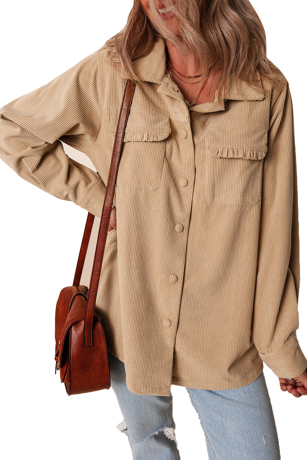 Solid Frilled Flap Pocket Button Up Corduroy Shacket