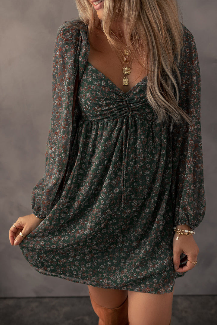 Floral Print Sweetheart Neck Shirred Back Mini Dress