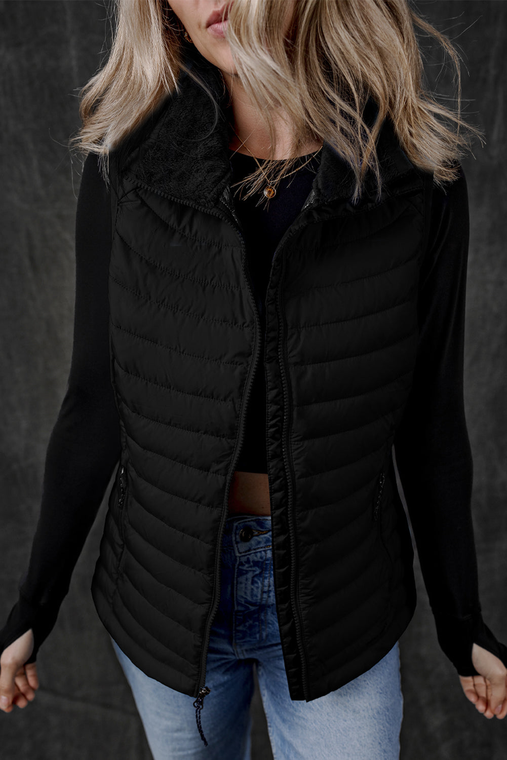 Plush Collared Quilted Zipped Puffer Vest