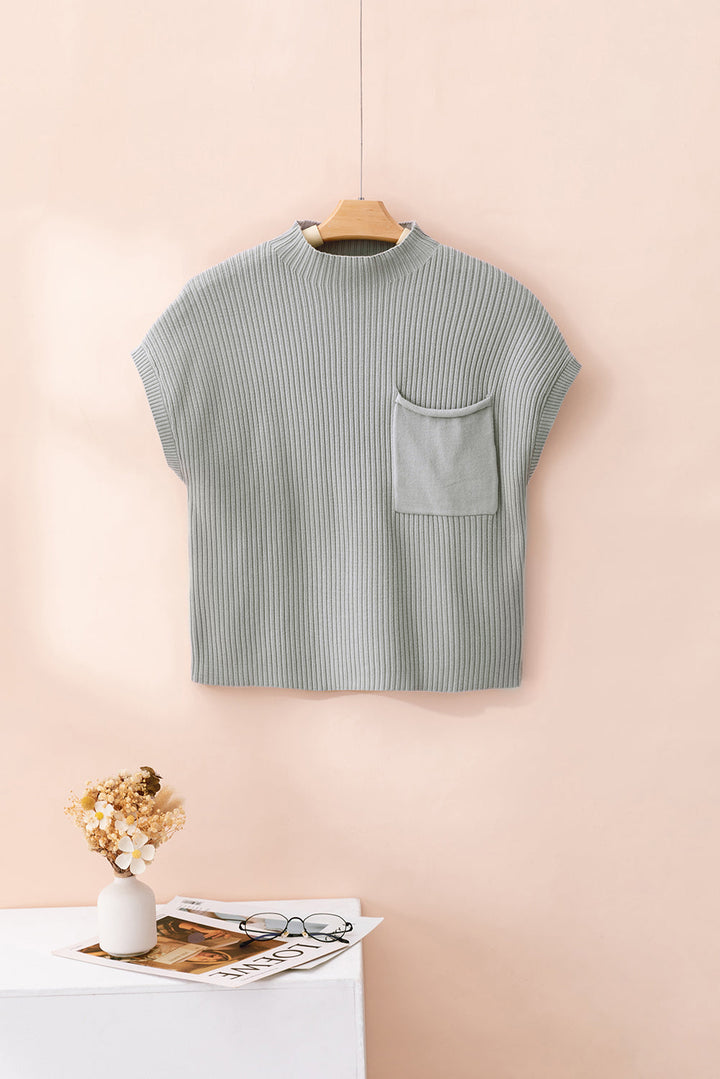 Patch Pocket Ribbed Knit Short Sleeve Sweater