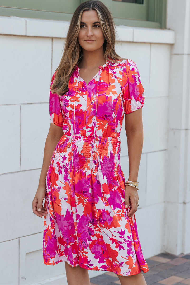 Floral Smocked Waist Bubble Sleeve Flare Dress