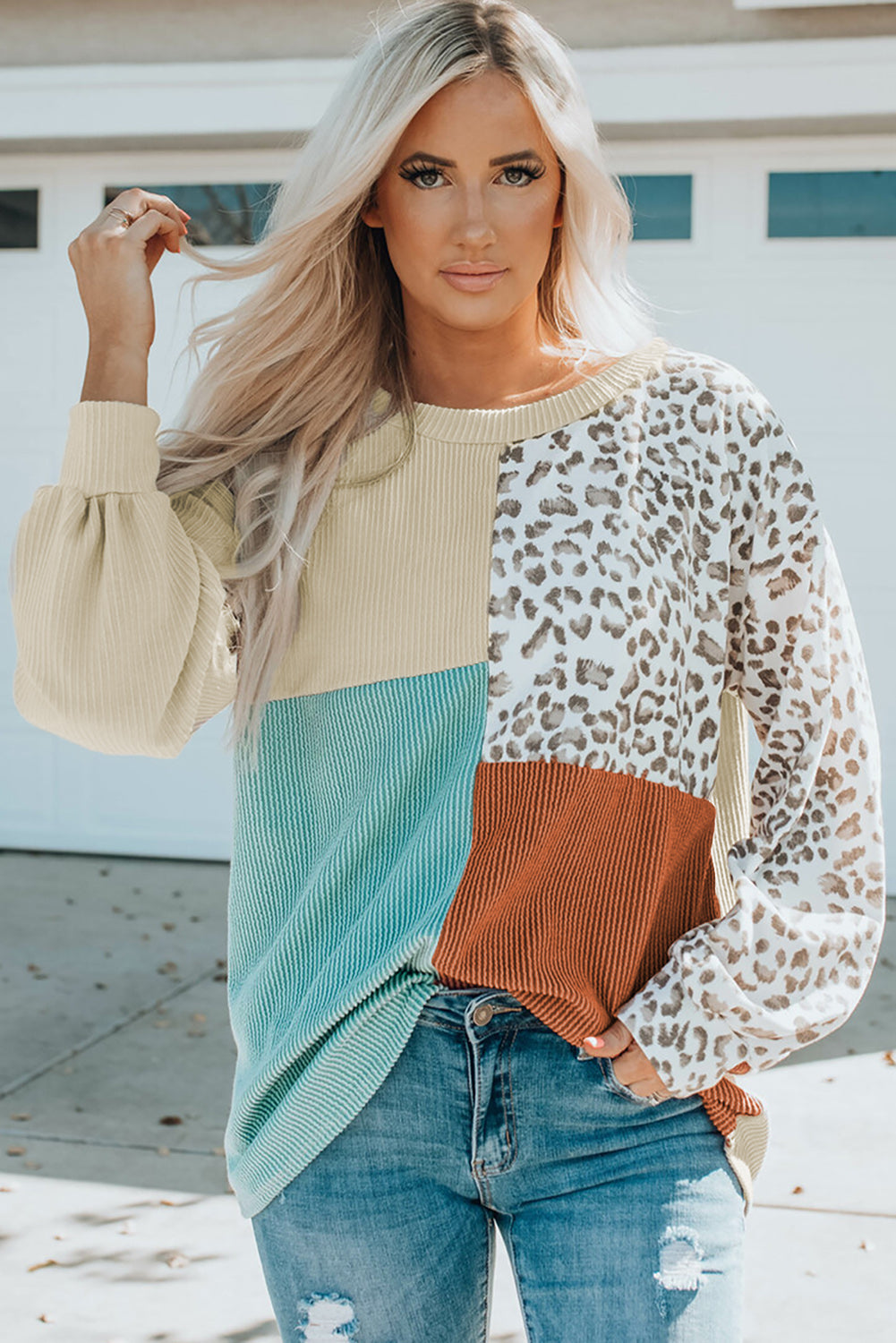 Patchwork Color Block Ribbed Long Sleeve Top