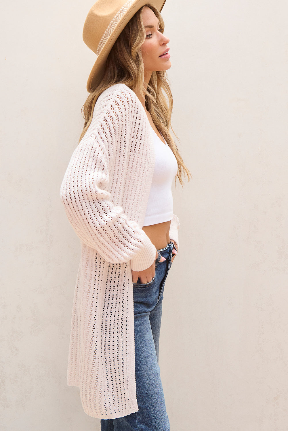 Hollowed Crochet Drop Shoulder Open Front Cardigan