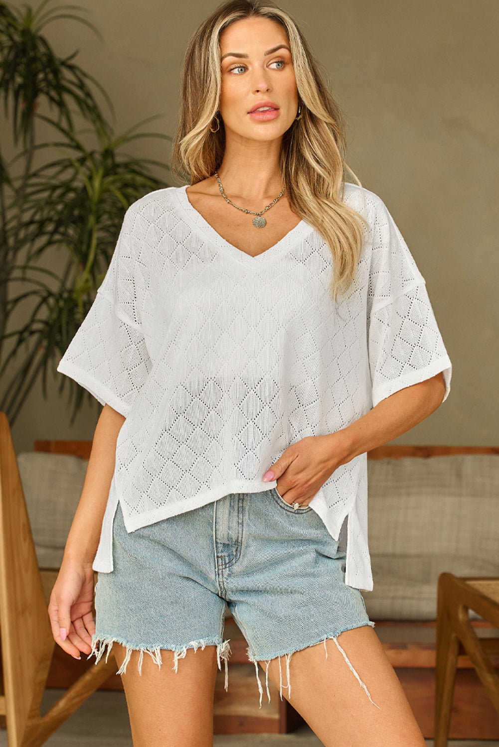 V Neck Knitted Flowy Blouse