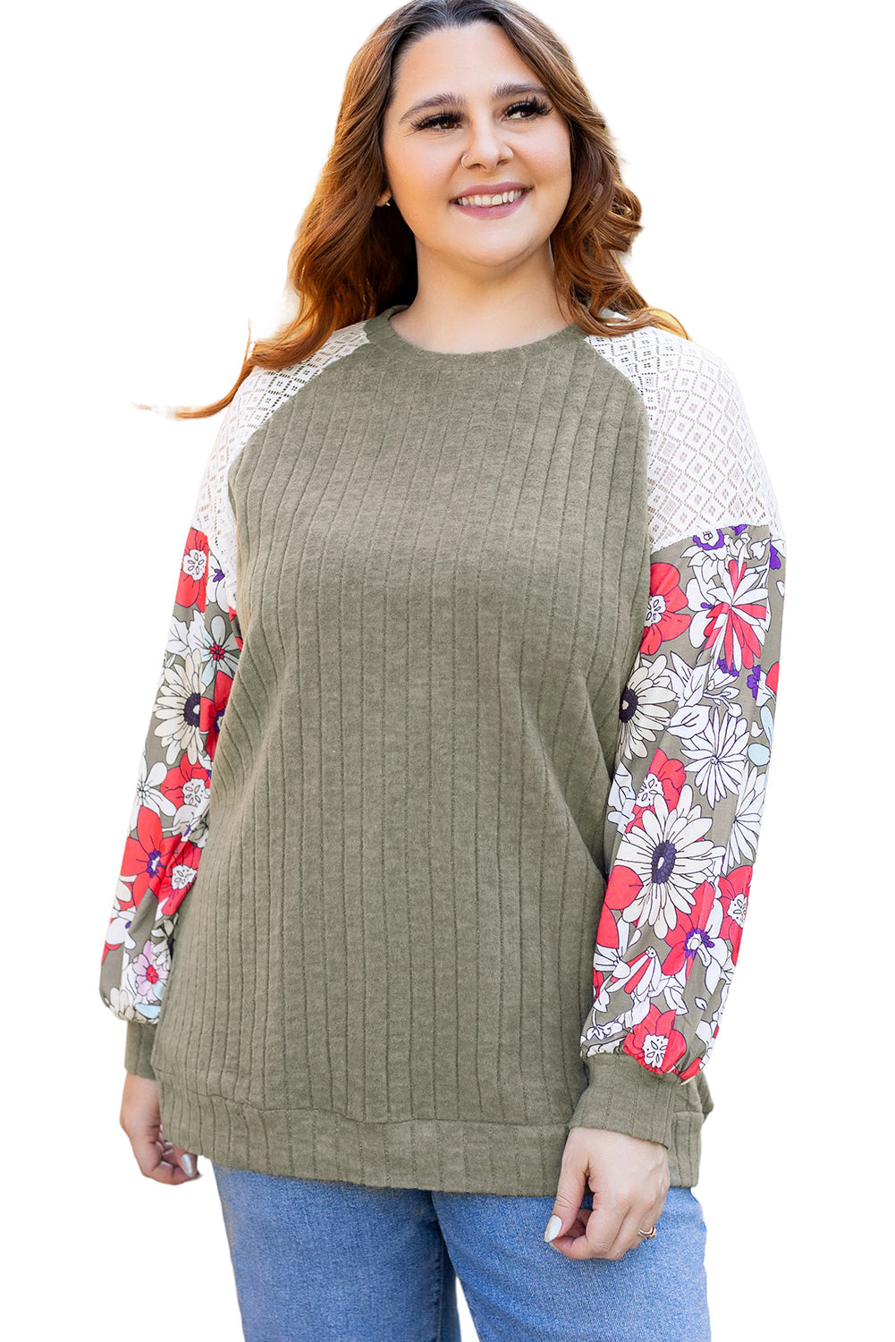 Plus Size Textured Floral Patchwork Raglan Sleeve Blouse