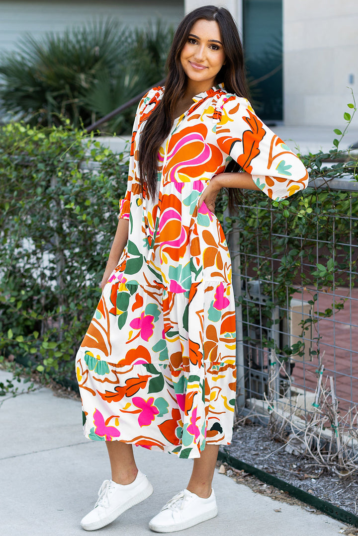 Floral Print Split V Neck Tiered Maxi Dress