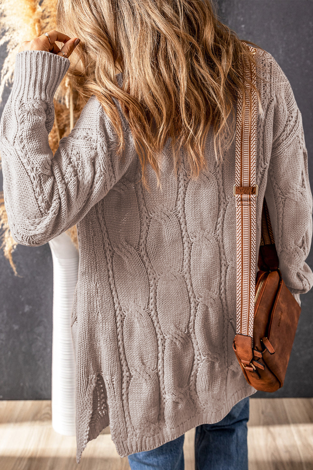 Ribbed Trim Eyelet Cable Knit Cardigan