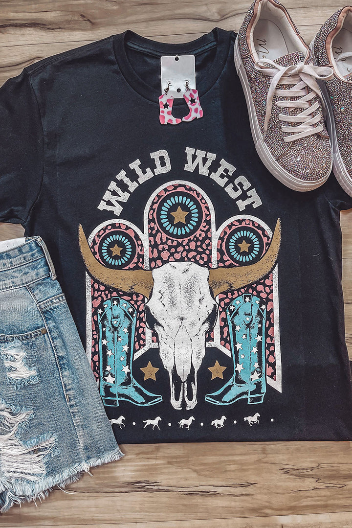 WILD WEST Steer Skull Graphic T Shirt