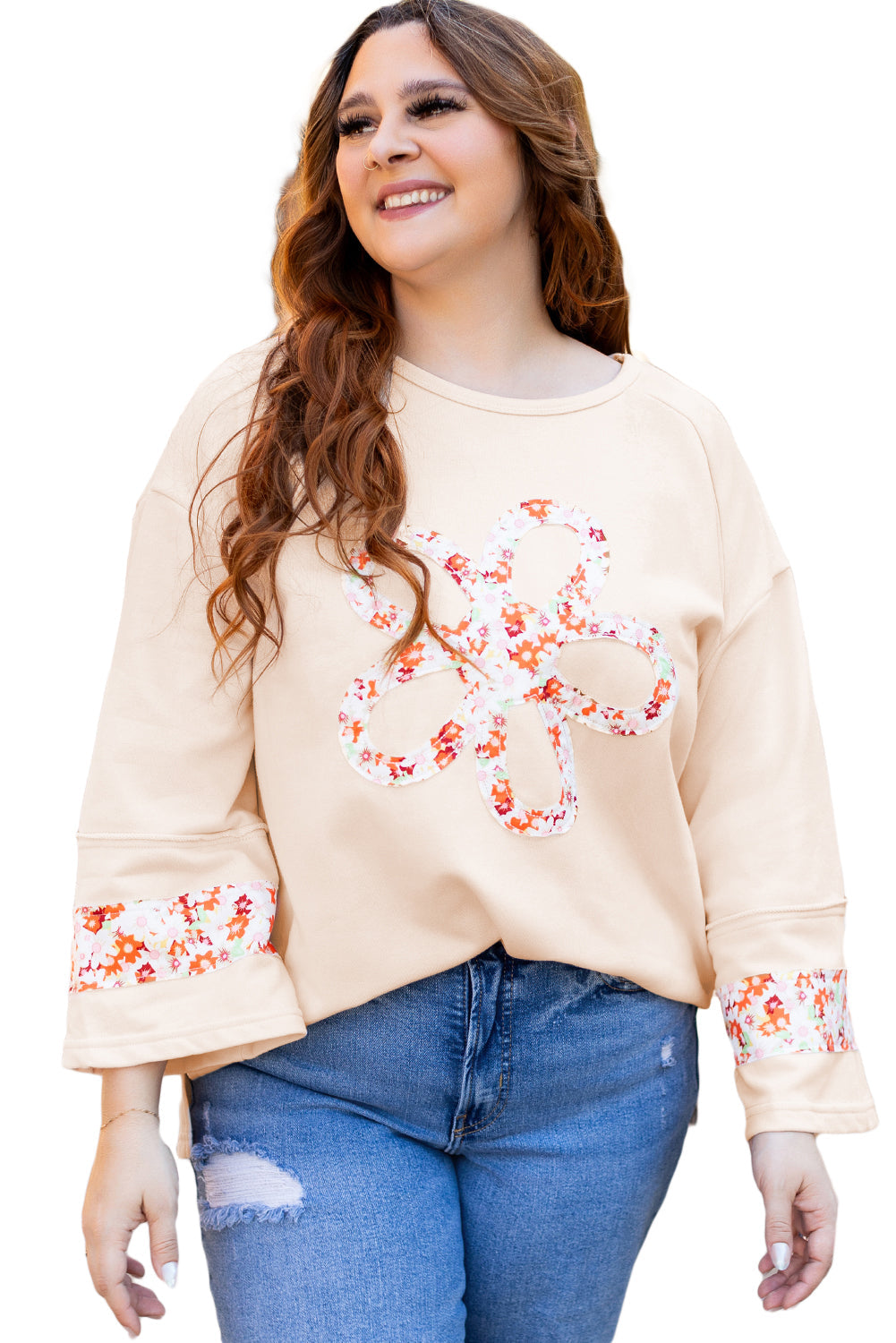 Plus Size Flower Patched Side Slits Crewneck Top