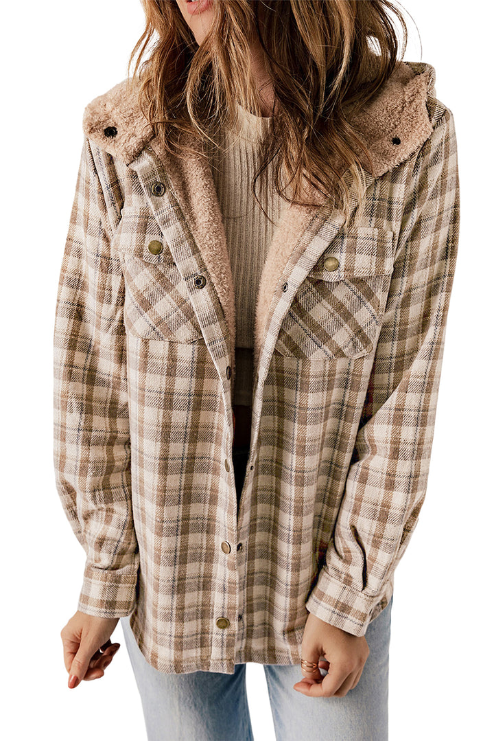 Plaid Pattern Sherpa Lined Hooded Shacket