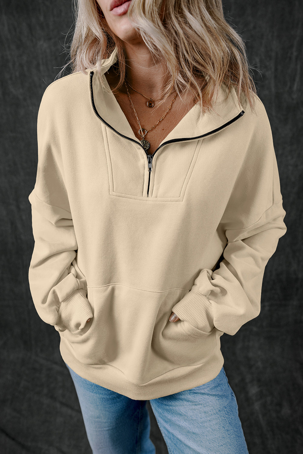 Zip-up Stand Neck Kangaroo Pocket Sweatshirt