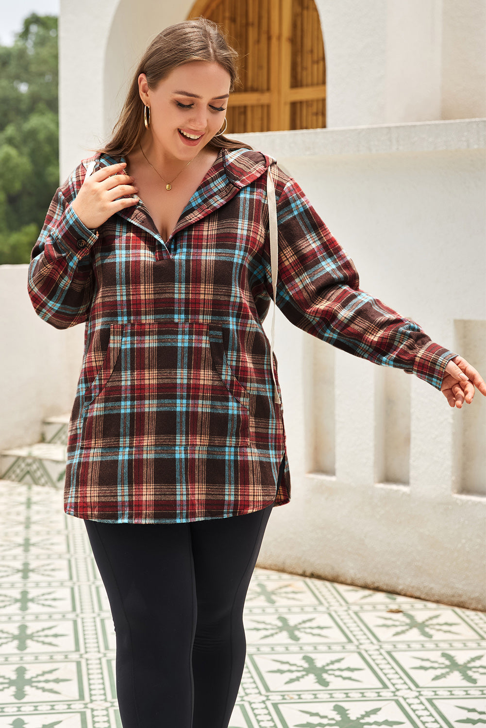 Plus Size Plaid Kangaroo Pocket Drawstring Hoodie