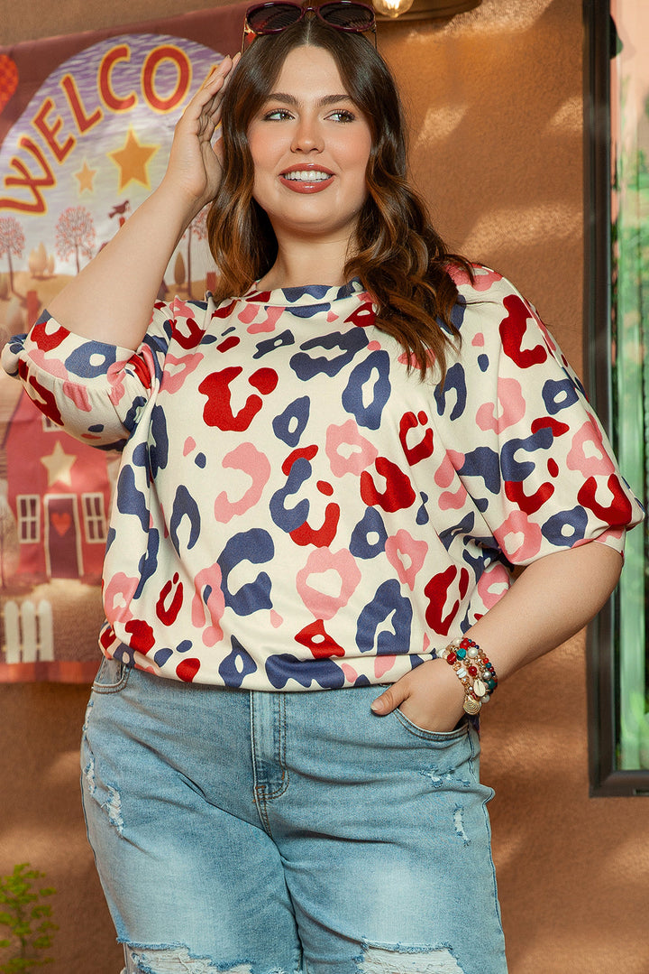 Colorful Leopard Print Batwing Sleeve Plus Blouse