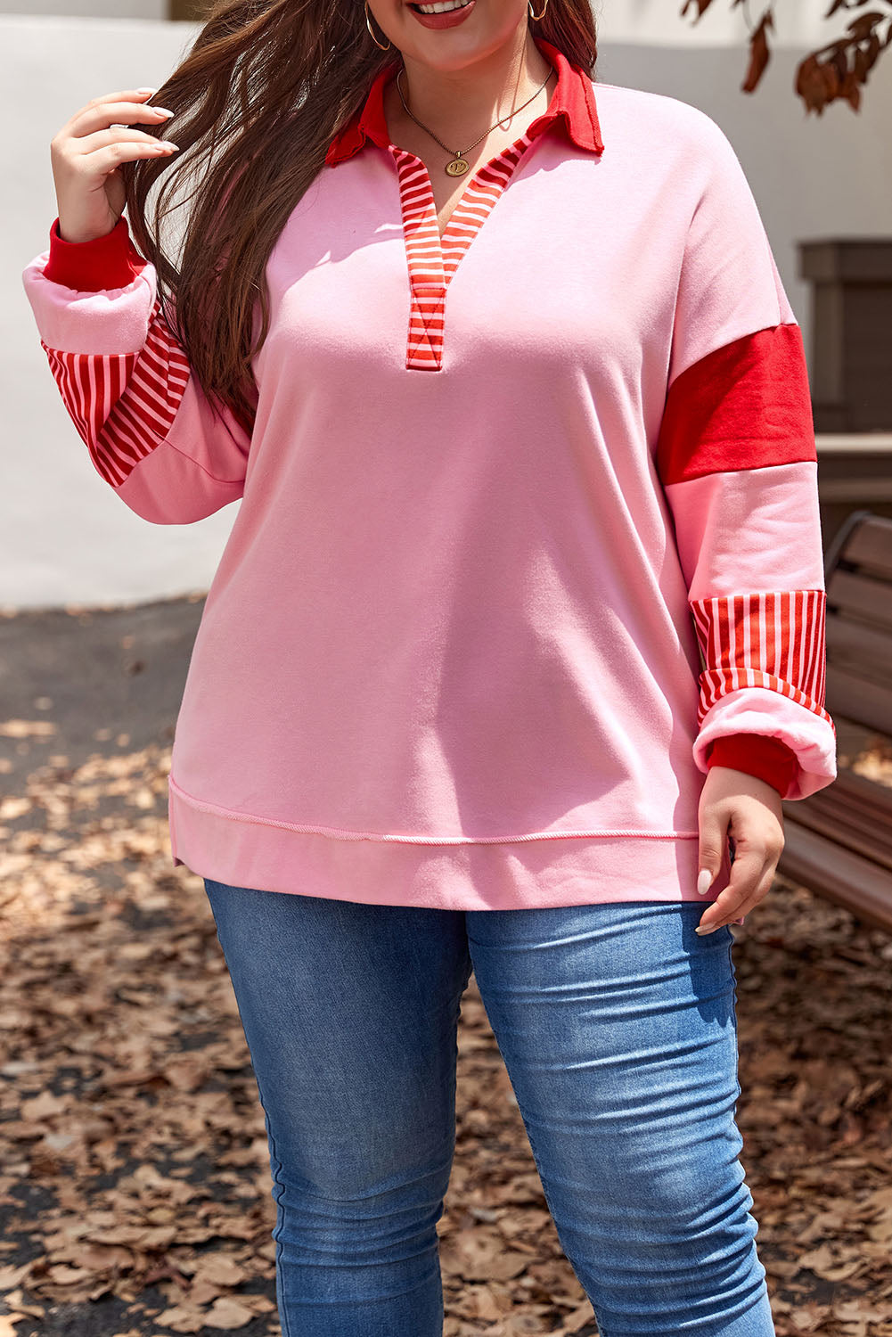 Striped Patchwork Side Split Collared Plus Size Sweatshirt