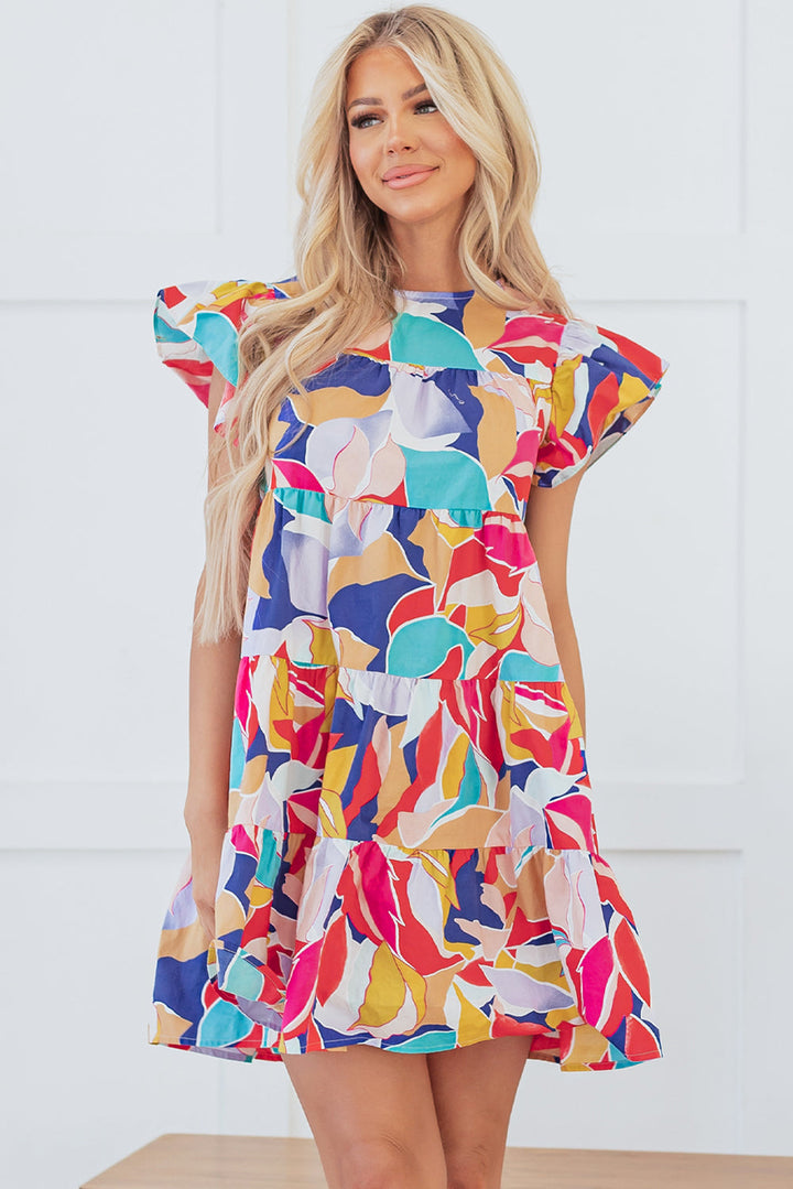 Abstract Printed Ruffled Flutter Sleeve Tiered Mini Dress