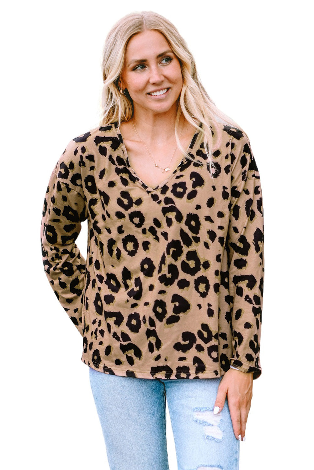 Leopard Split Joint V Neck Long Sleeve Tops