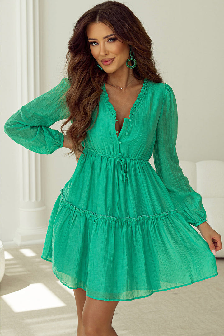 Frilly V Neck Puff Sleeve Drawstring Shift Mini Dress