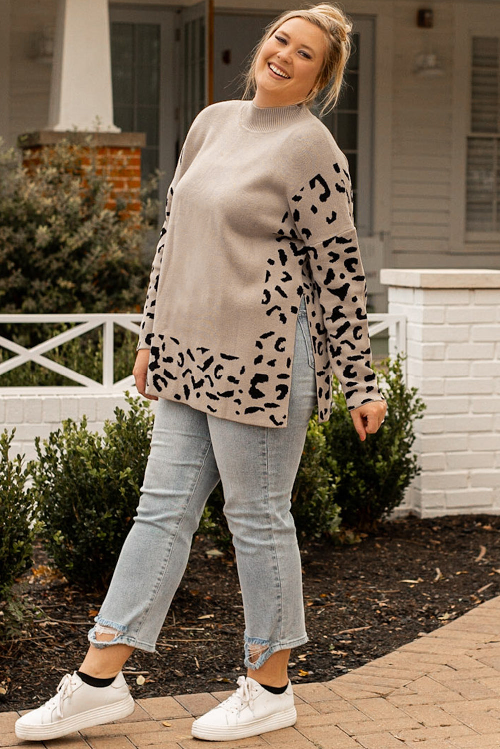 Plus Size Leopard Patchwork High Neck Sweater