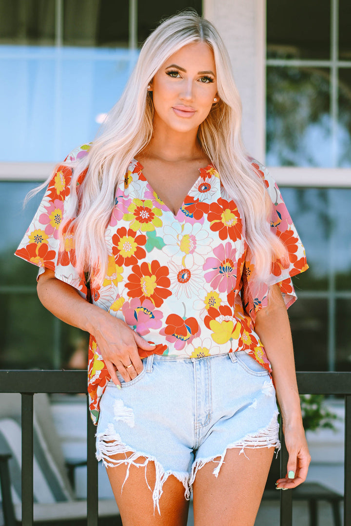 Abstract Print V Neck Half Sleeve Blouse