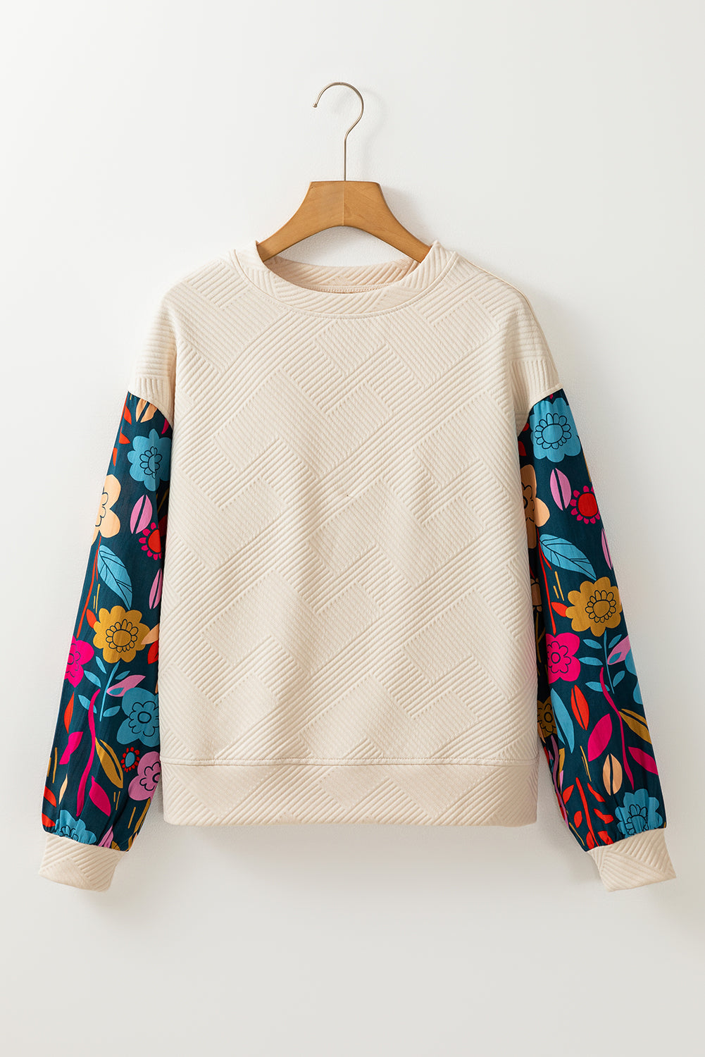 Contrast Floral Sleeve Textured Drop Shoulder Knit Top