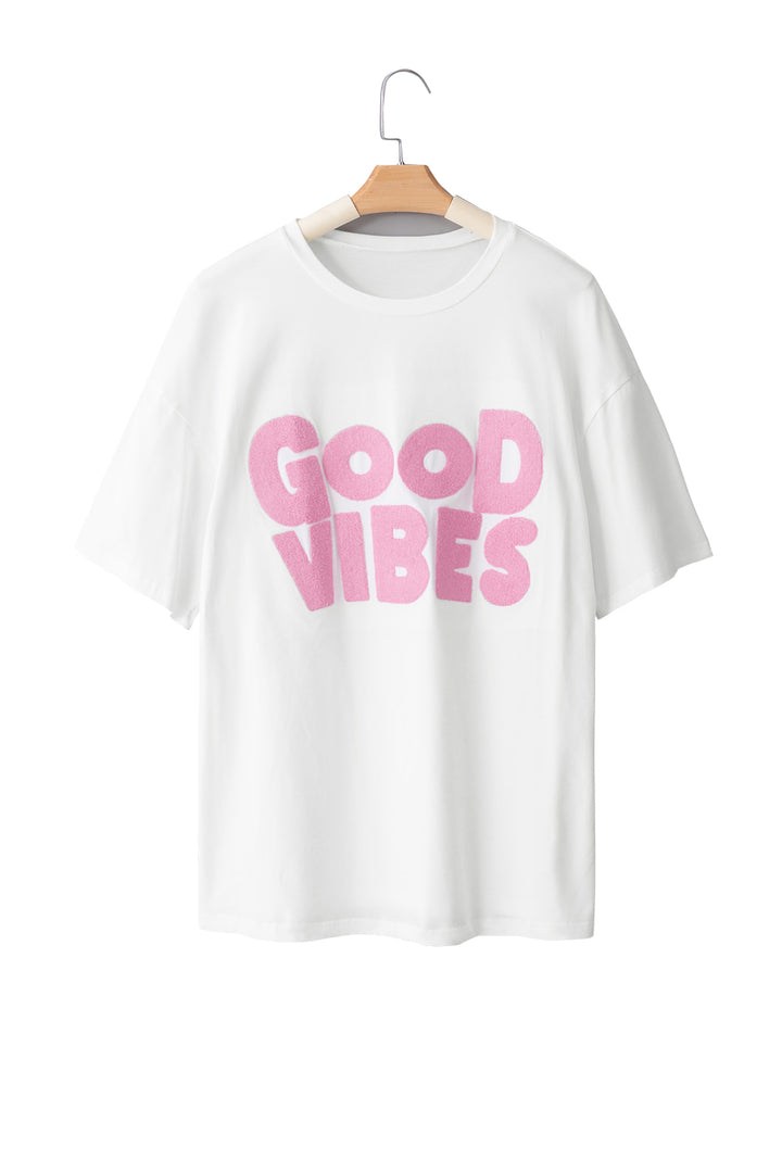 White GOOD VIBES Chenille Embroidered Crewneck T Shirt