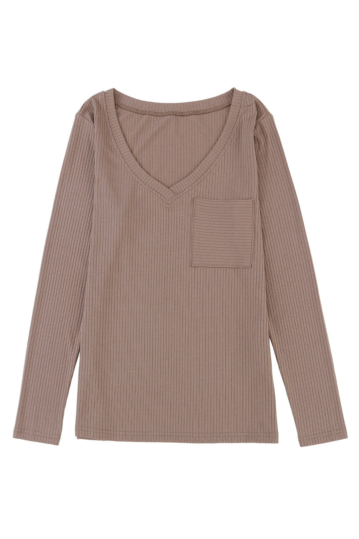 Ribbed Knit Patched Chest Pocket V Neck Top