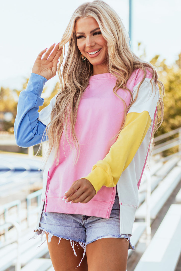 Color Block Exposed Seam Side Slits Crewneck Sweatshirt