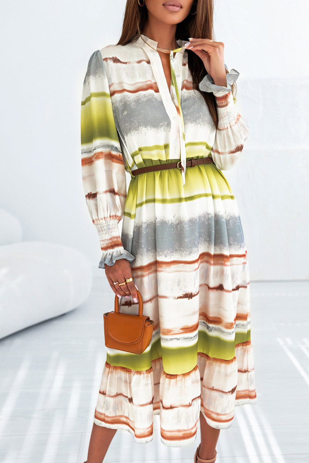 Lace Up Tie-dye Print Long Shirt Dress