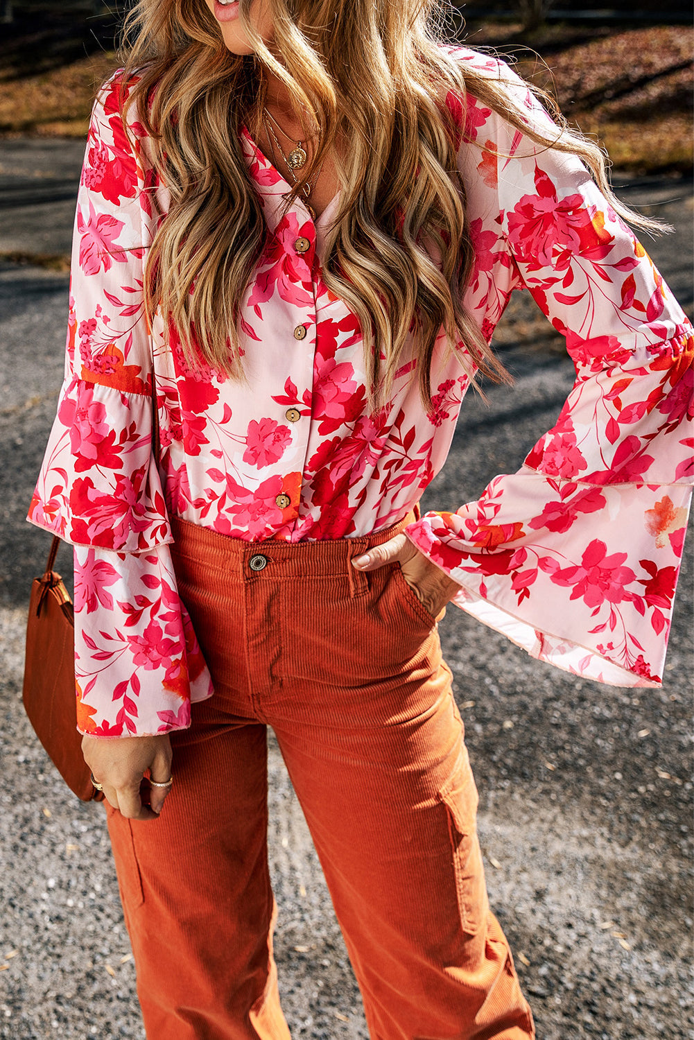 Floral Print Tiered Bell Long Sleeve Buttoned Bodysuit