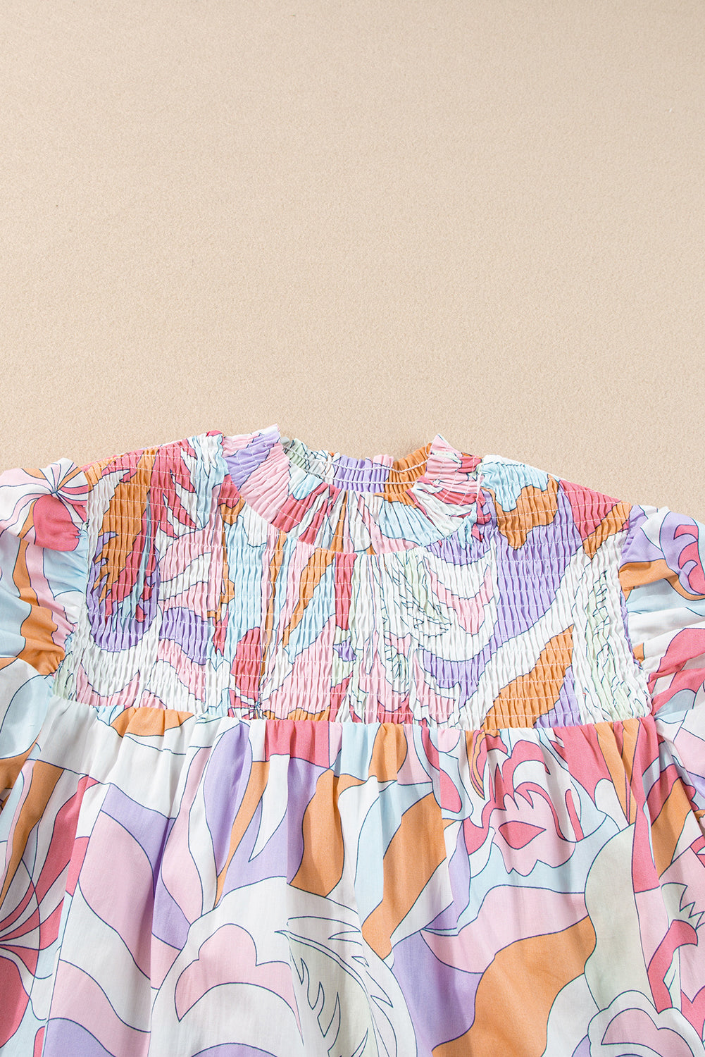 Abstract Print Bubble Sleeve Smock Detail Blouse