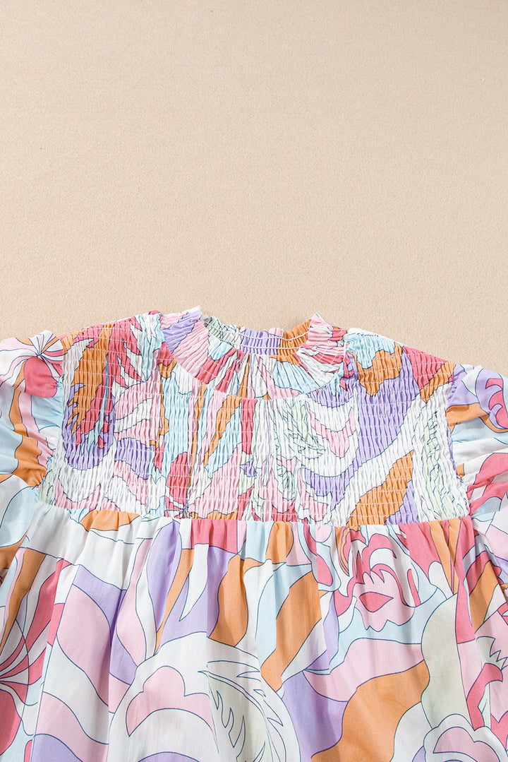 Abstract Print Bubble Sleeve Smock Detail Blouse