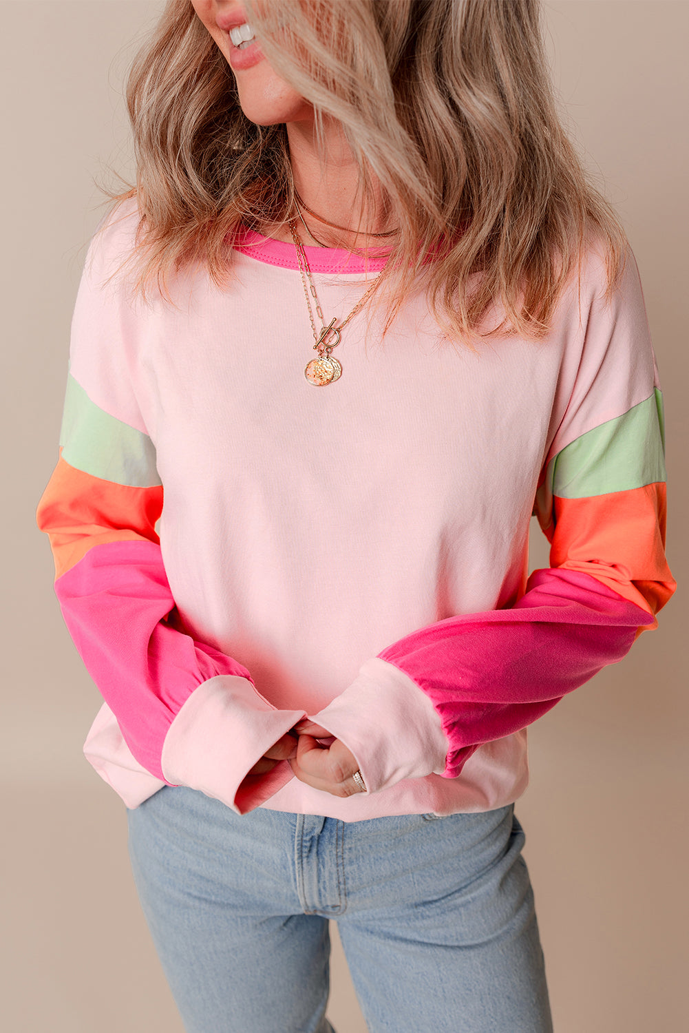 Colorblock Patchwork Long Sleeve Loose Top