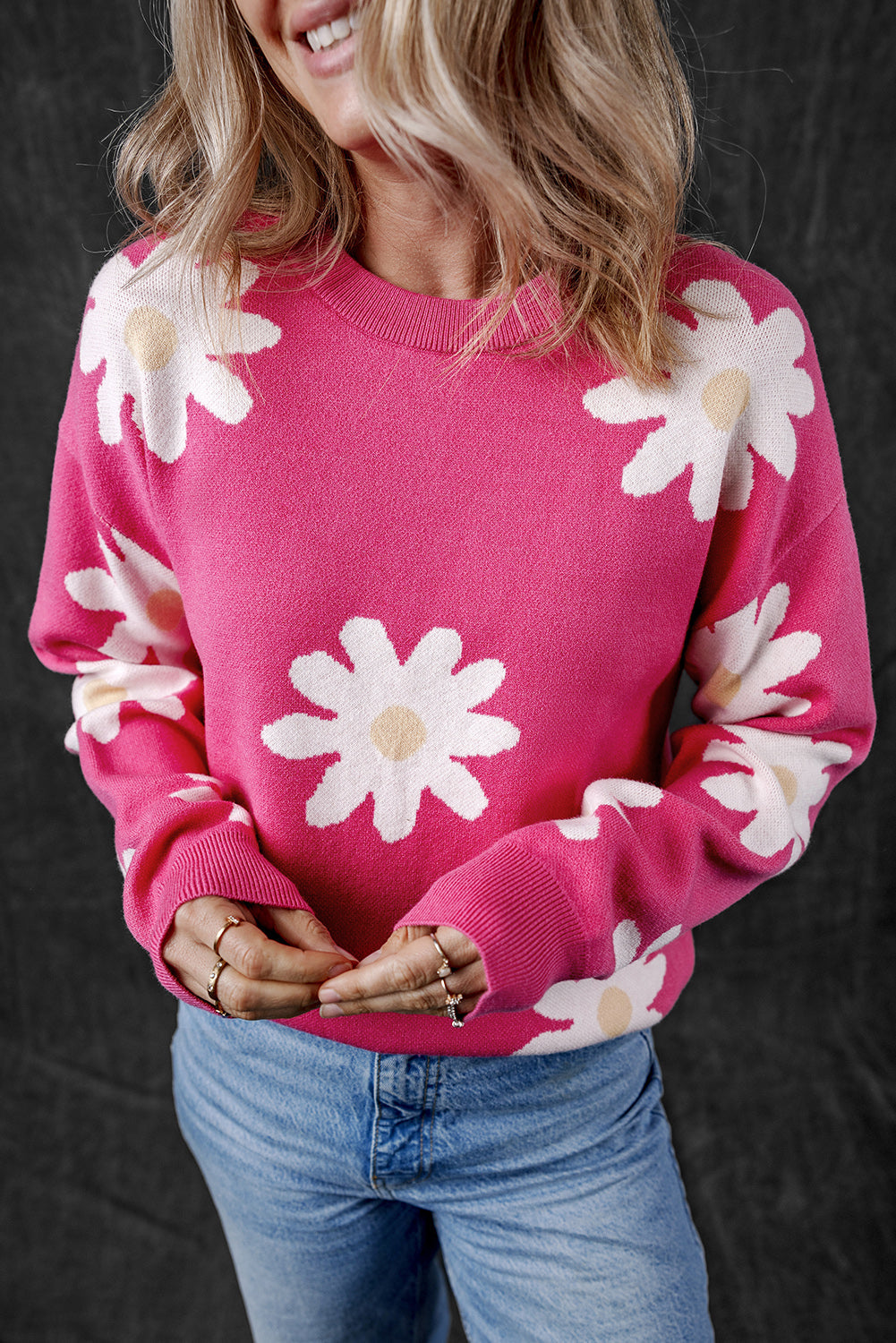 Daisy Flower Crew Neck Long Sleeve Sweater