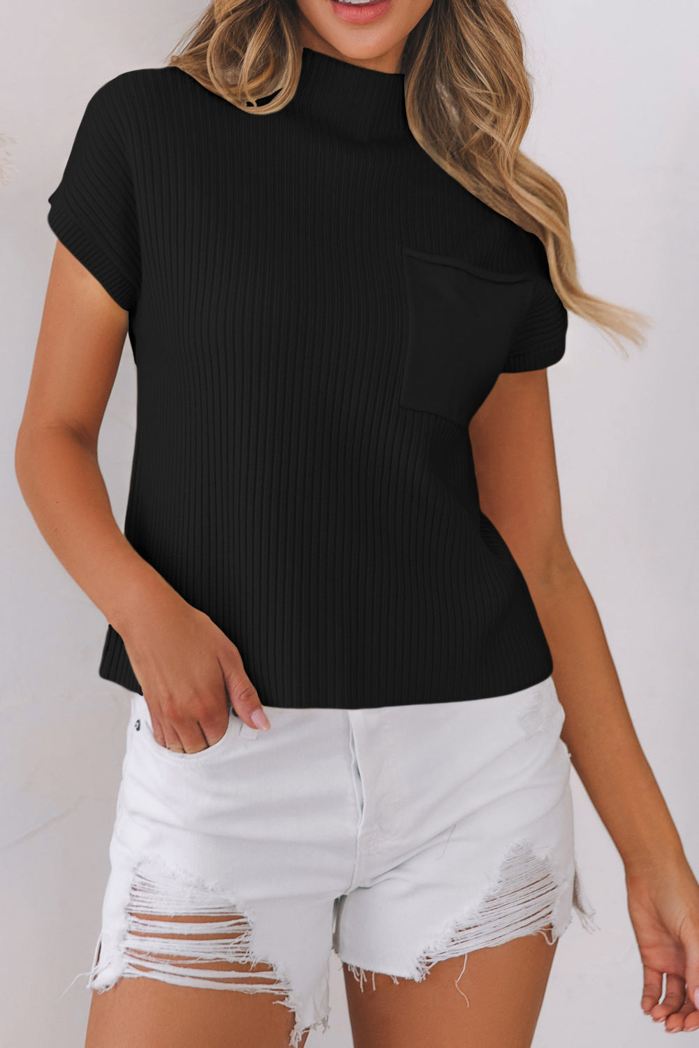 Patch Pocket Ribbed Knit Short Sleeve Sweater