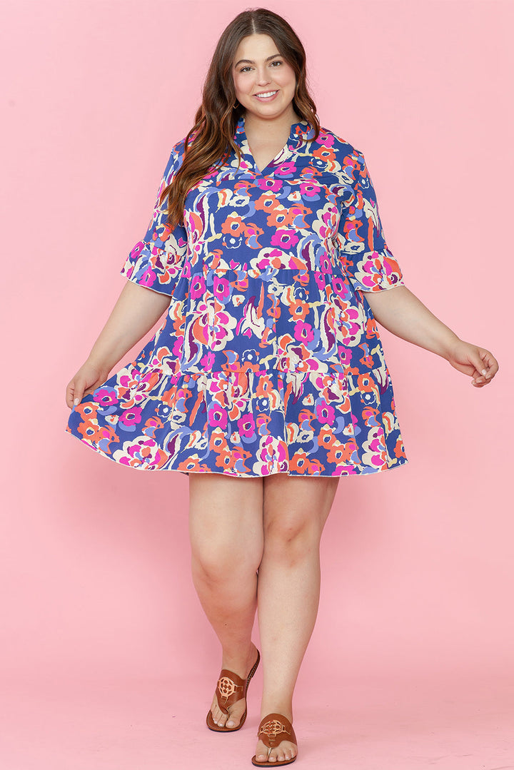 Plus Size Floral Print Ruffled 3/4 Sleeve Mini Dress