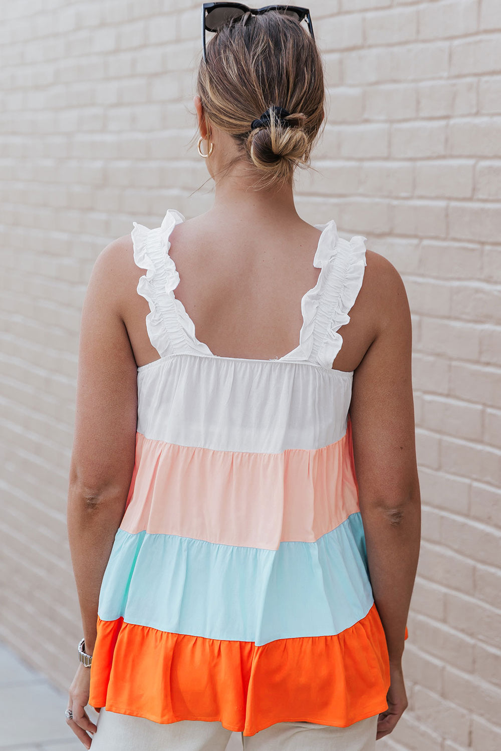 Frill Straps Color Block Tiered Tank Top