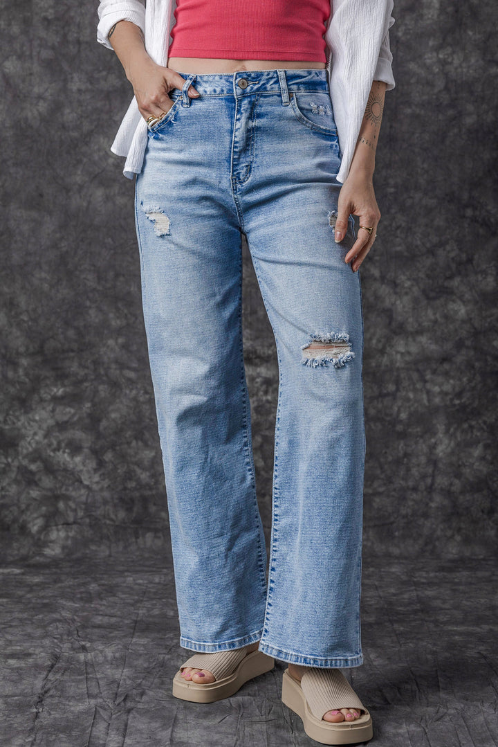 Light Blue High Rise Distressed Straight Leg Jeans