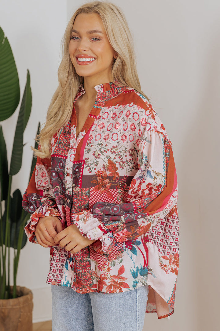 Boho Geometric Mixed Print Patchwork Bubble Sleeve Shirt