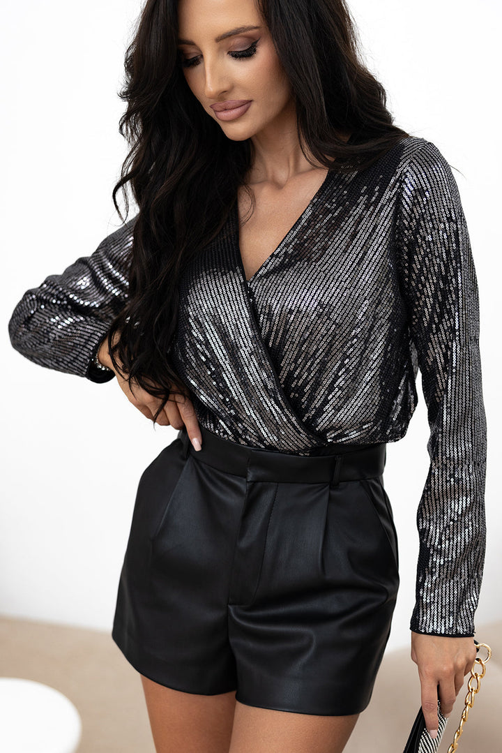 Sequin Mesh Long Sleeve Surplice Neck Bodysuit