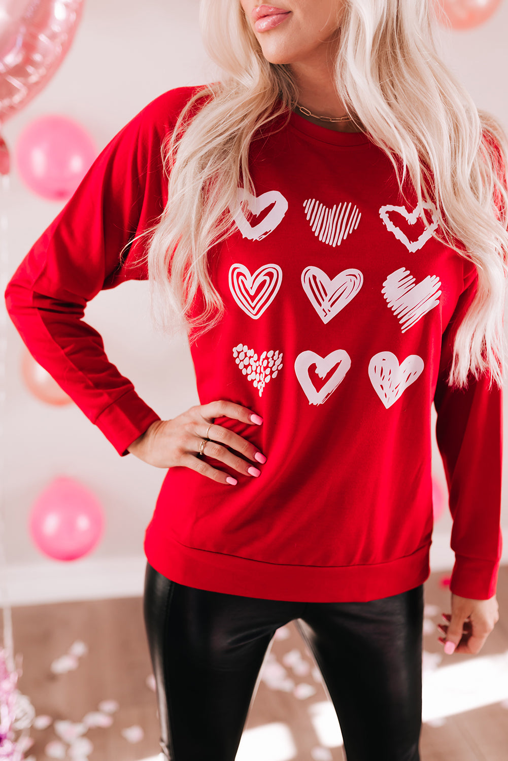 Hearts Print Crewneck Long Sleeve Sweatshirt