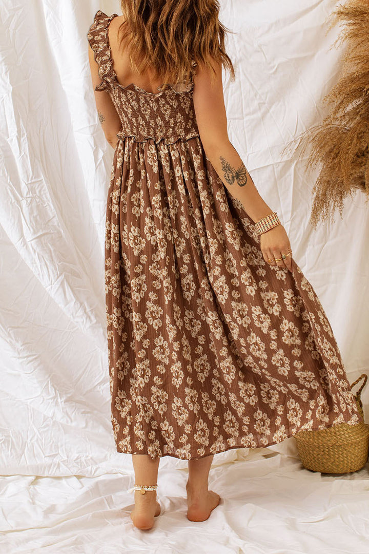 Brown Ruffled Straps Smocked Floral Maxi Dress