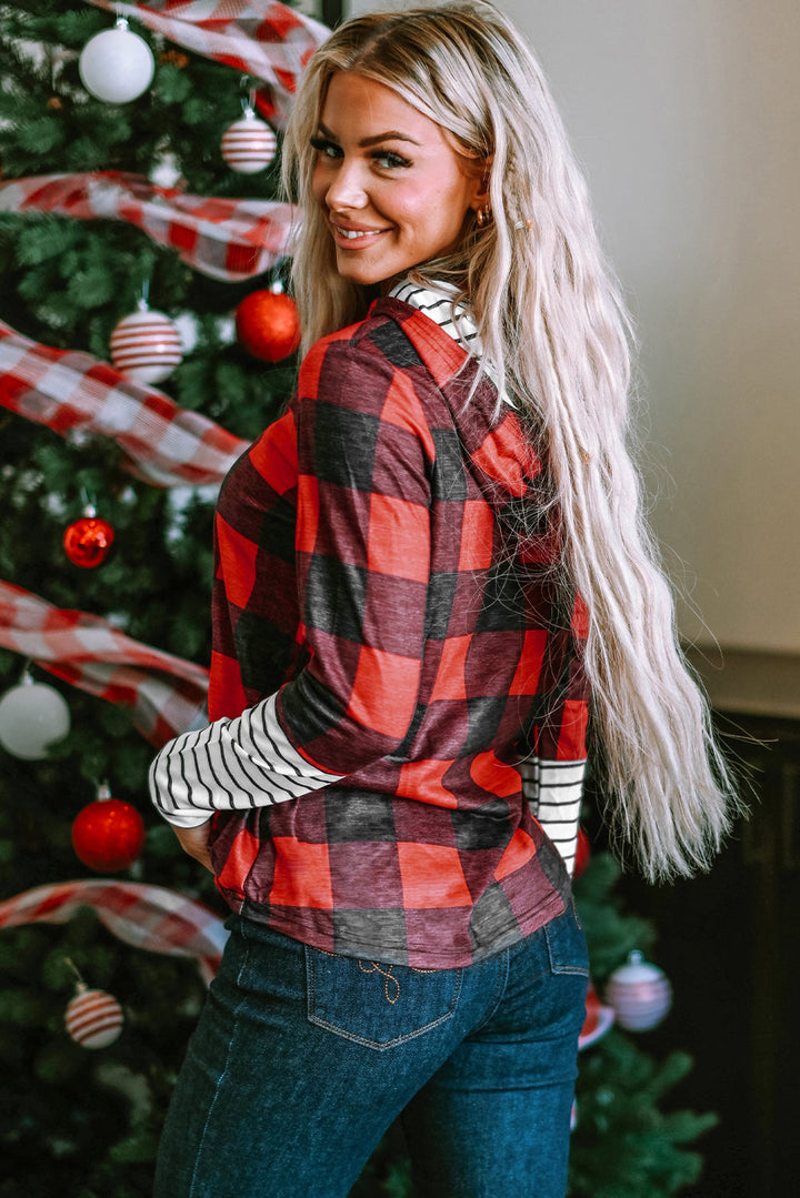 Plaid Patch Sleeve Leopard Christmas Tree Graphic Hoodie