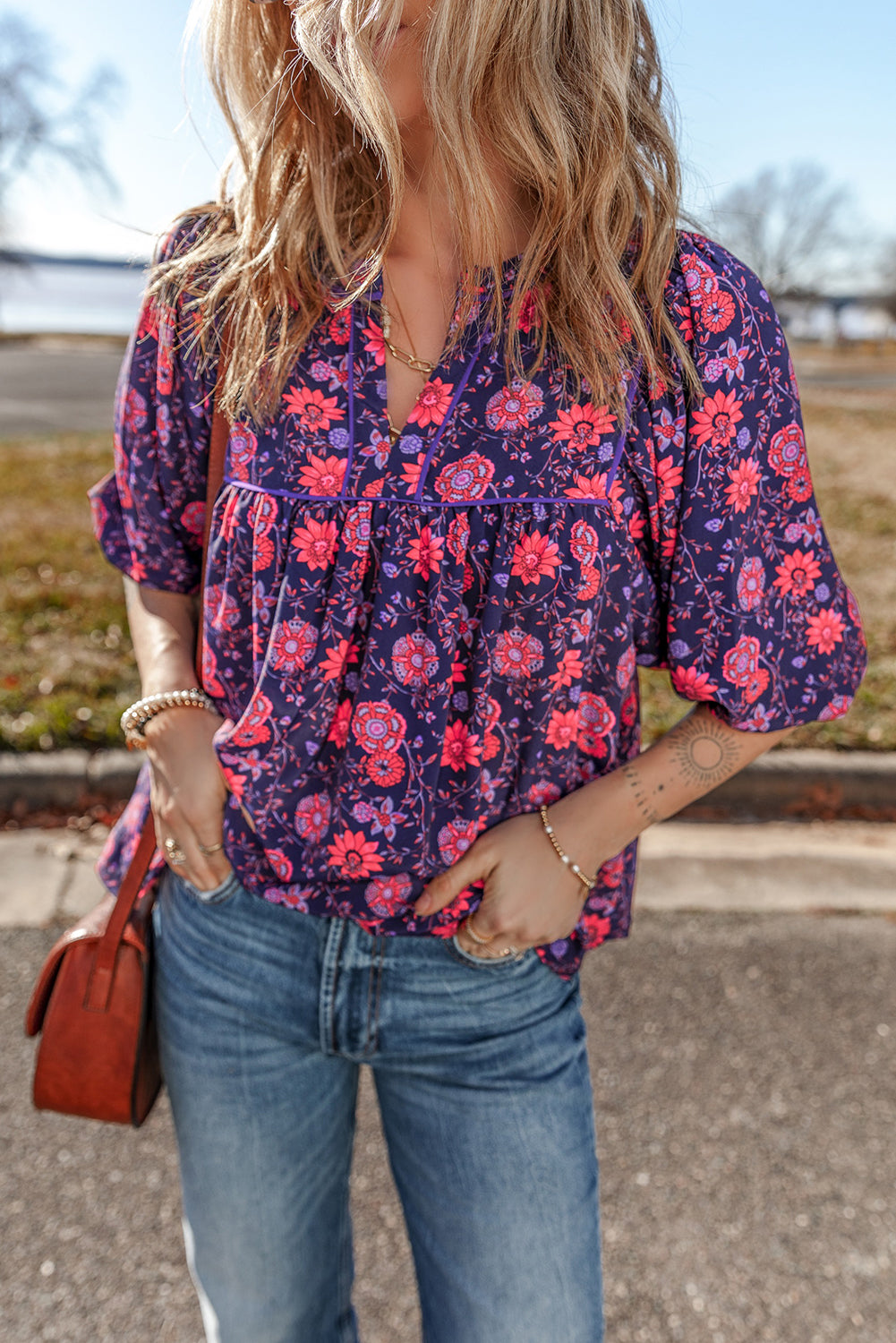 Floral Half Sleeve Split Neck Blouse Top