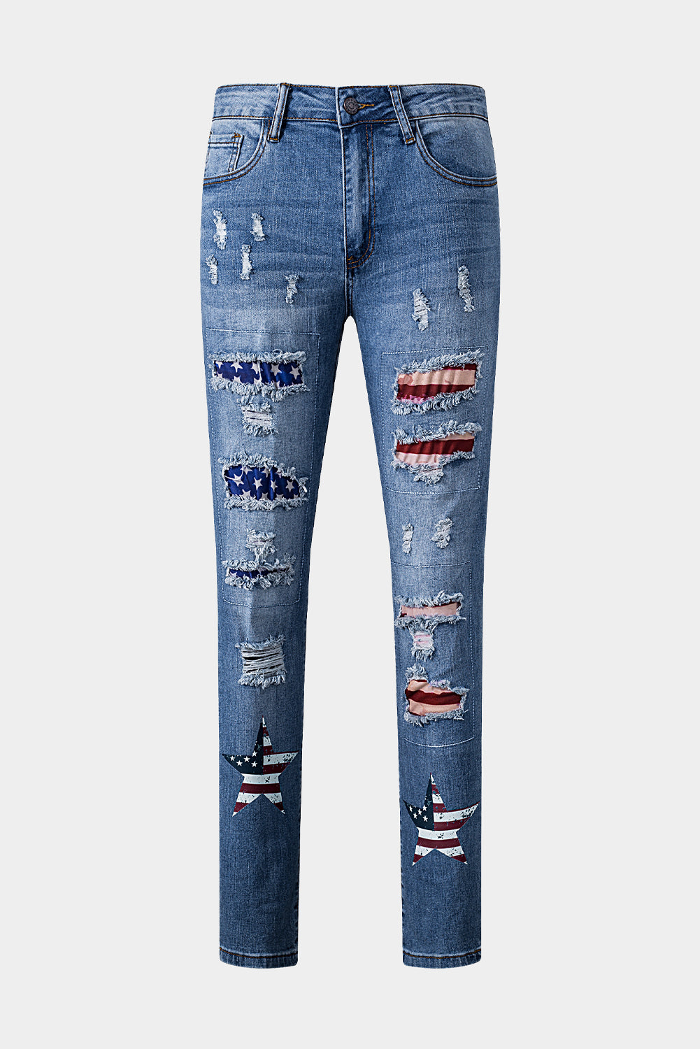 Sky Blue American Flag Patched Distressed Jeans