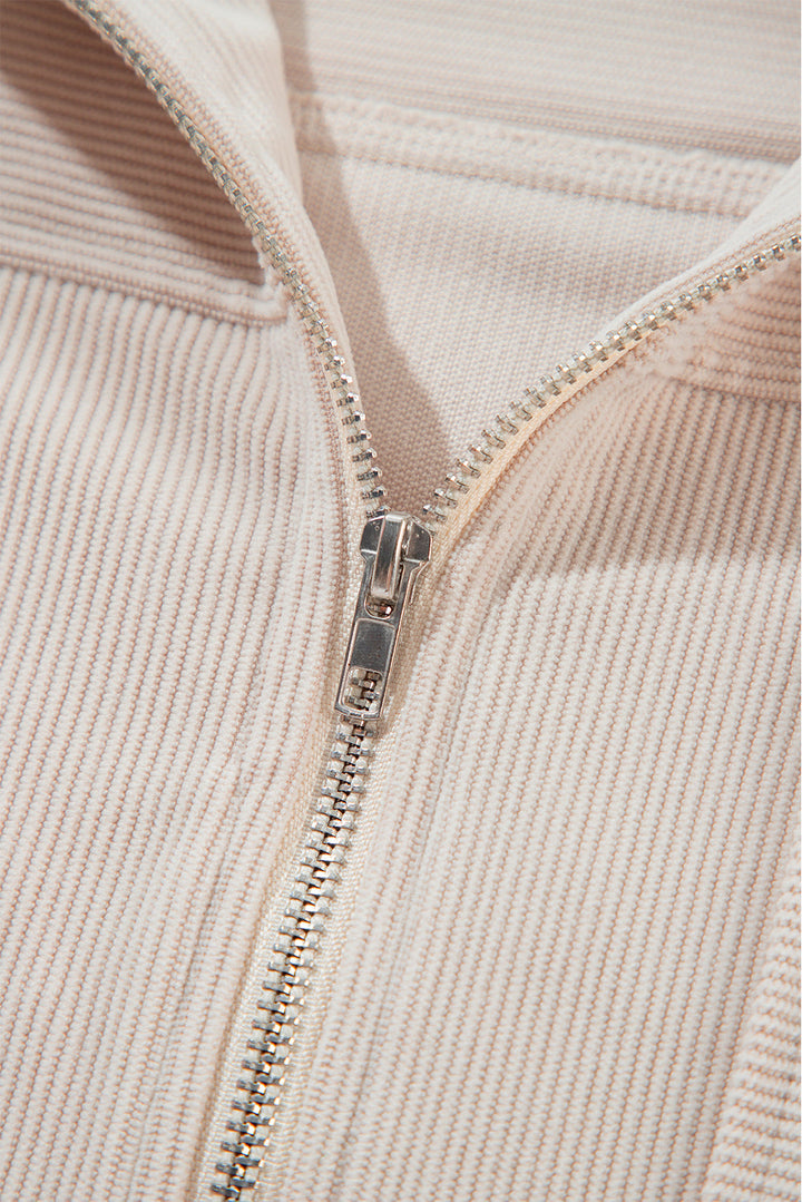 Corduroy Drawstring Hooded Pocket Zip Up Jacket