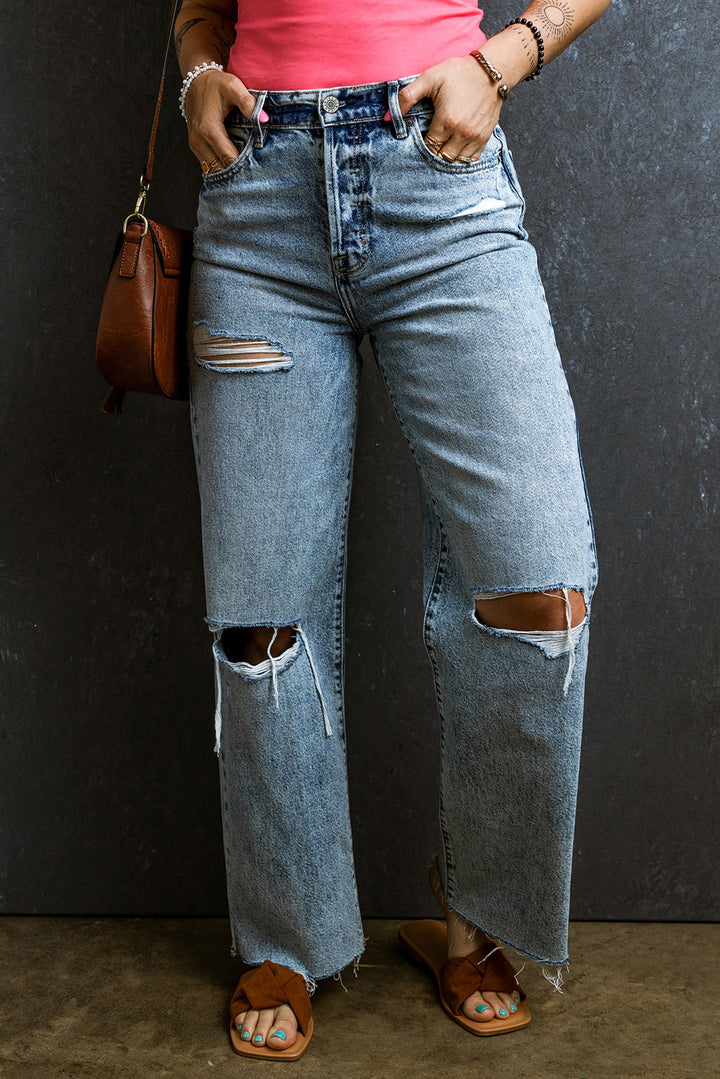 Light Blue Distressed Ripped Raw Hem Straight Jeans