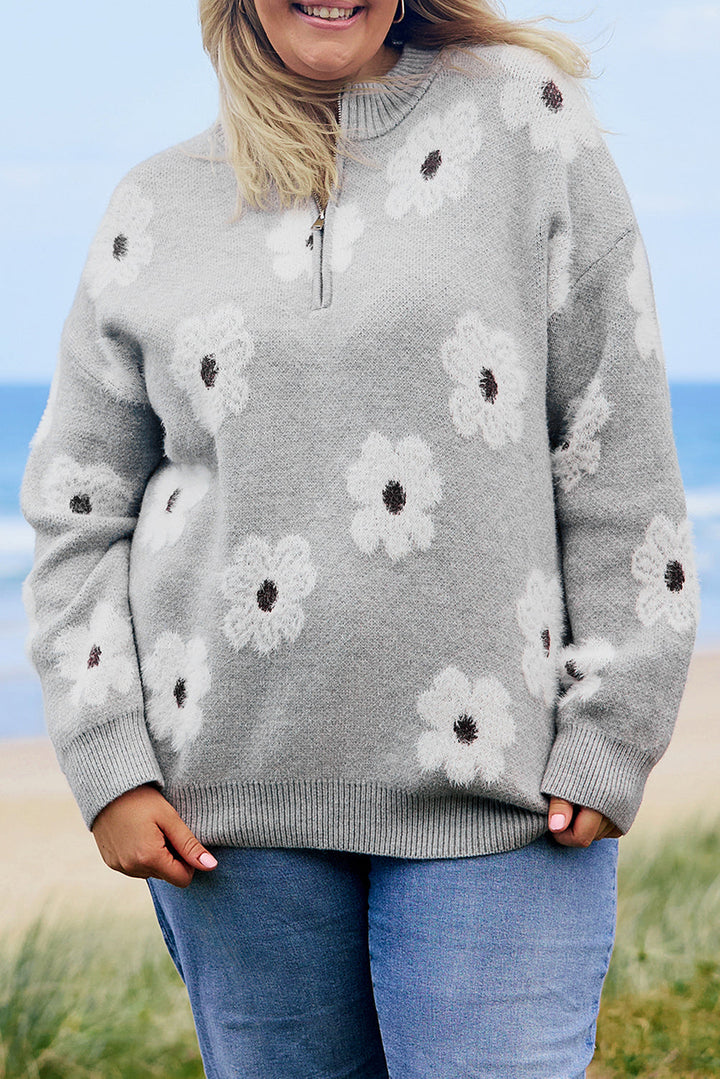 Plus Size Embroidered Floral Pattern Half Zip Sweater