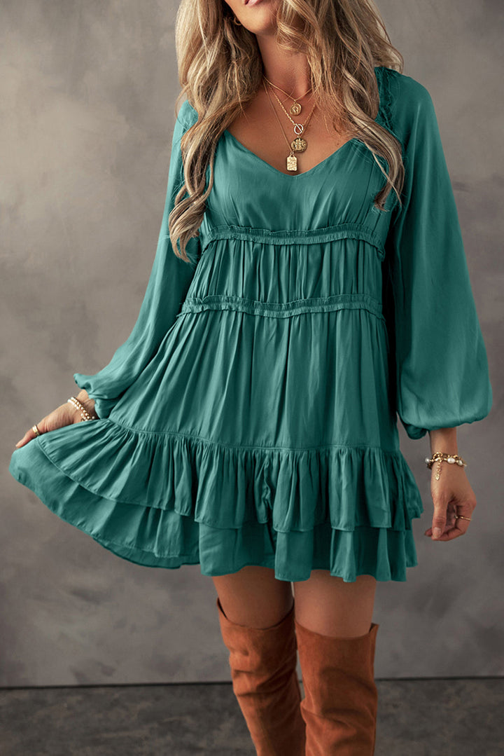 Tiered Ruffled Puff Sleeve Loose Fit Mini Dress