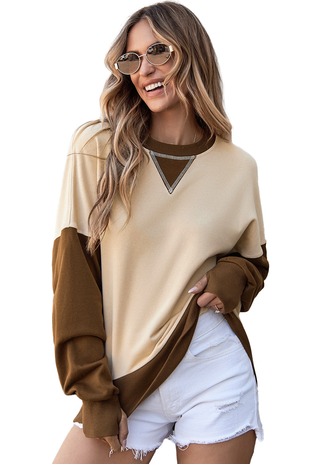 Color Block Thumbhole Sleeve Drop Shoulder Sweatshirt